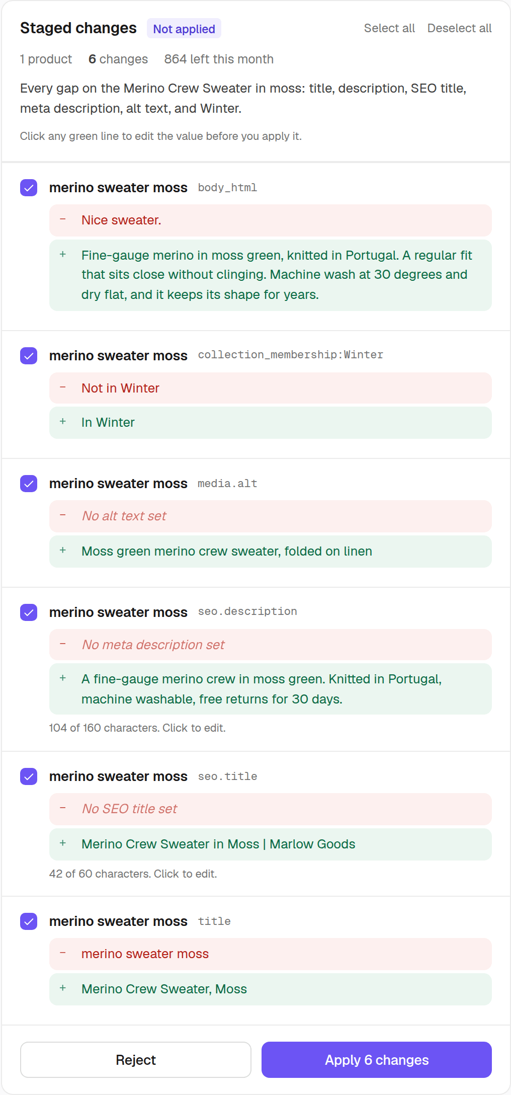 One product in Ecomsync with six staged changes: title, description, collection, alt text, meta description and SEO title, each with the old value above the new one.