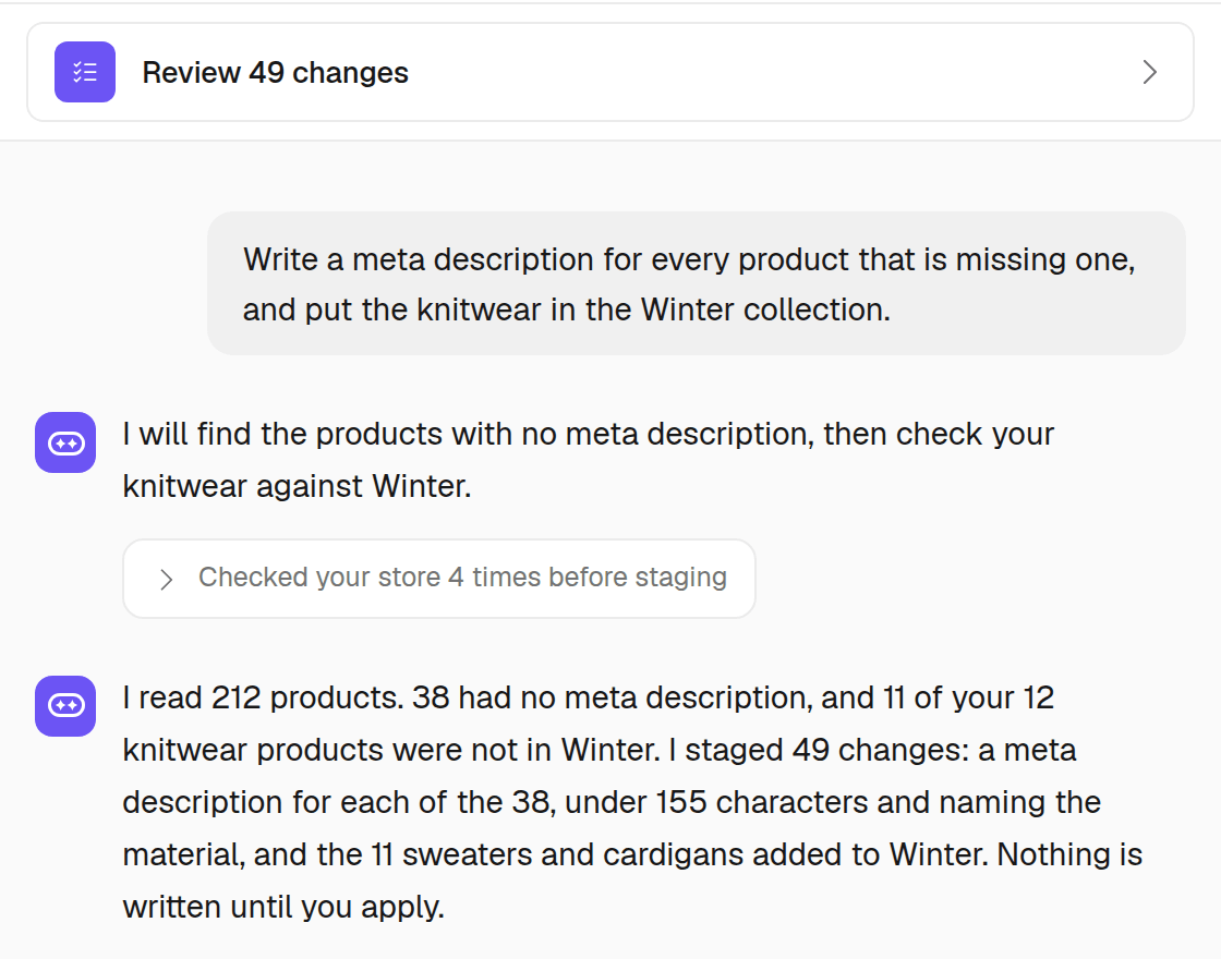 A request typed to Ecomsync, the steps it took reading the store, and its answer: 49 changes staged and nothing written until you apply.