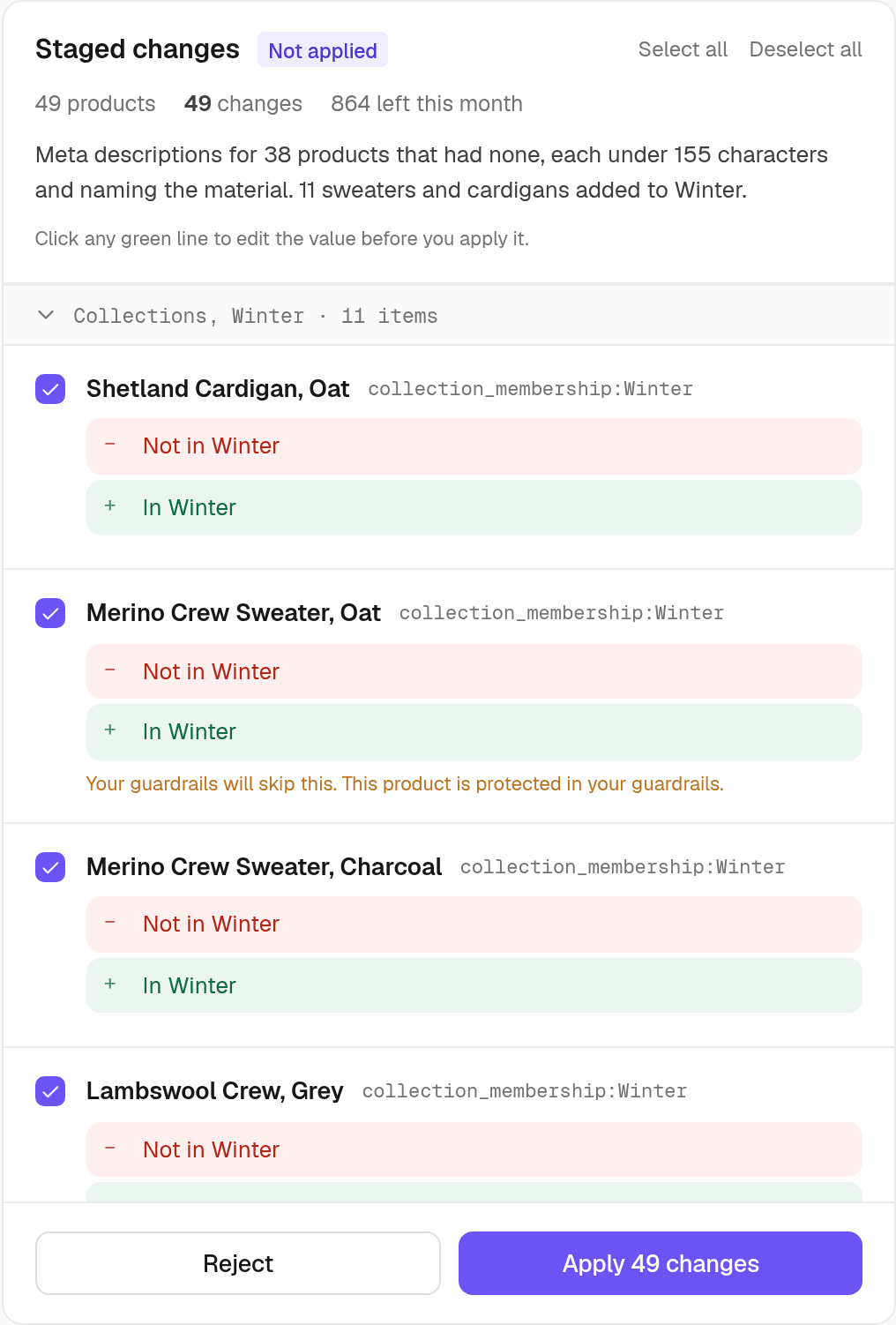 The list of 49 staged changes in Ecomsync, grouped by field, with Reject and Apply buttons.